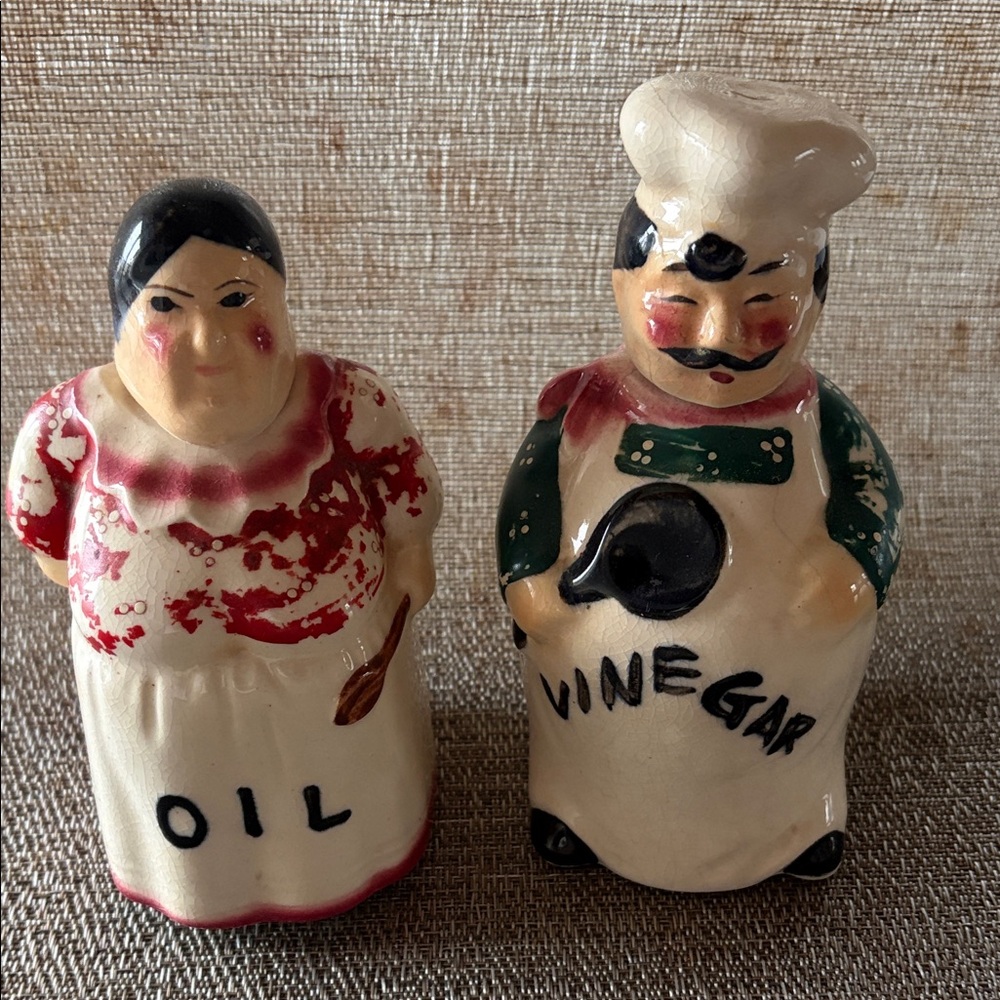 Vintage Chef Man & Woman Oil and Vinegar Ceramic Decanters JAPAN Rare
